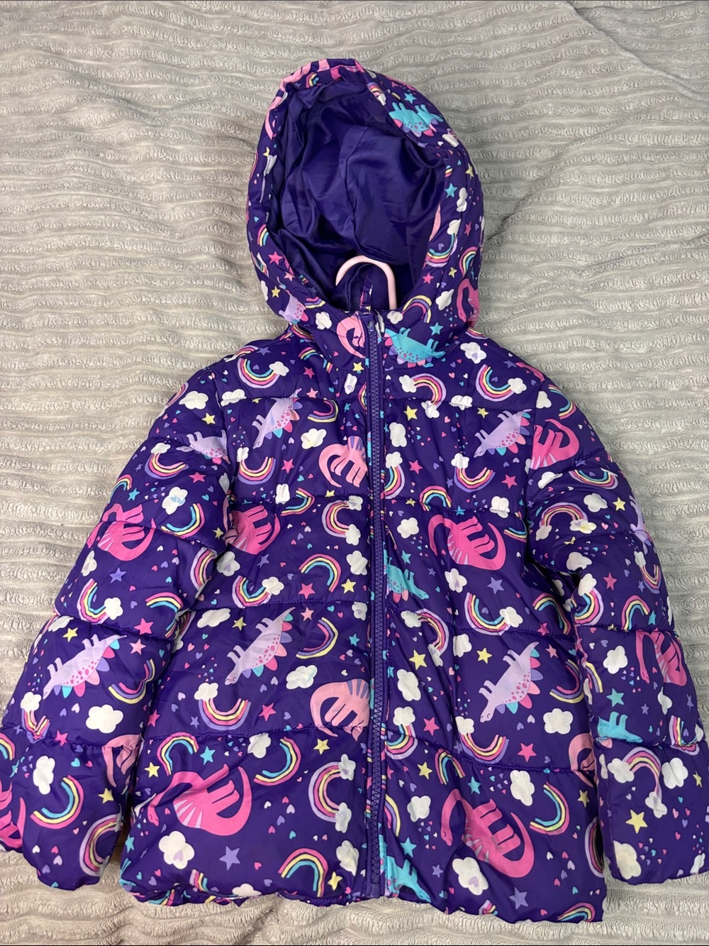 Girls' Purple Unicorn & Rainbow Hooded Puffer Jacket